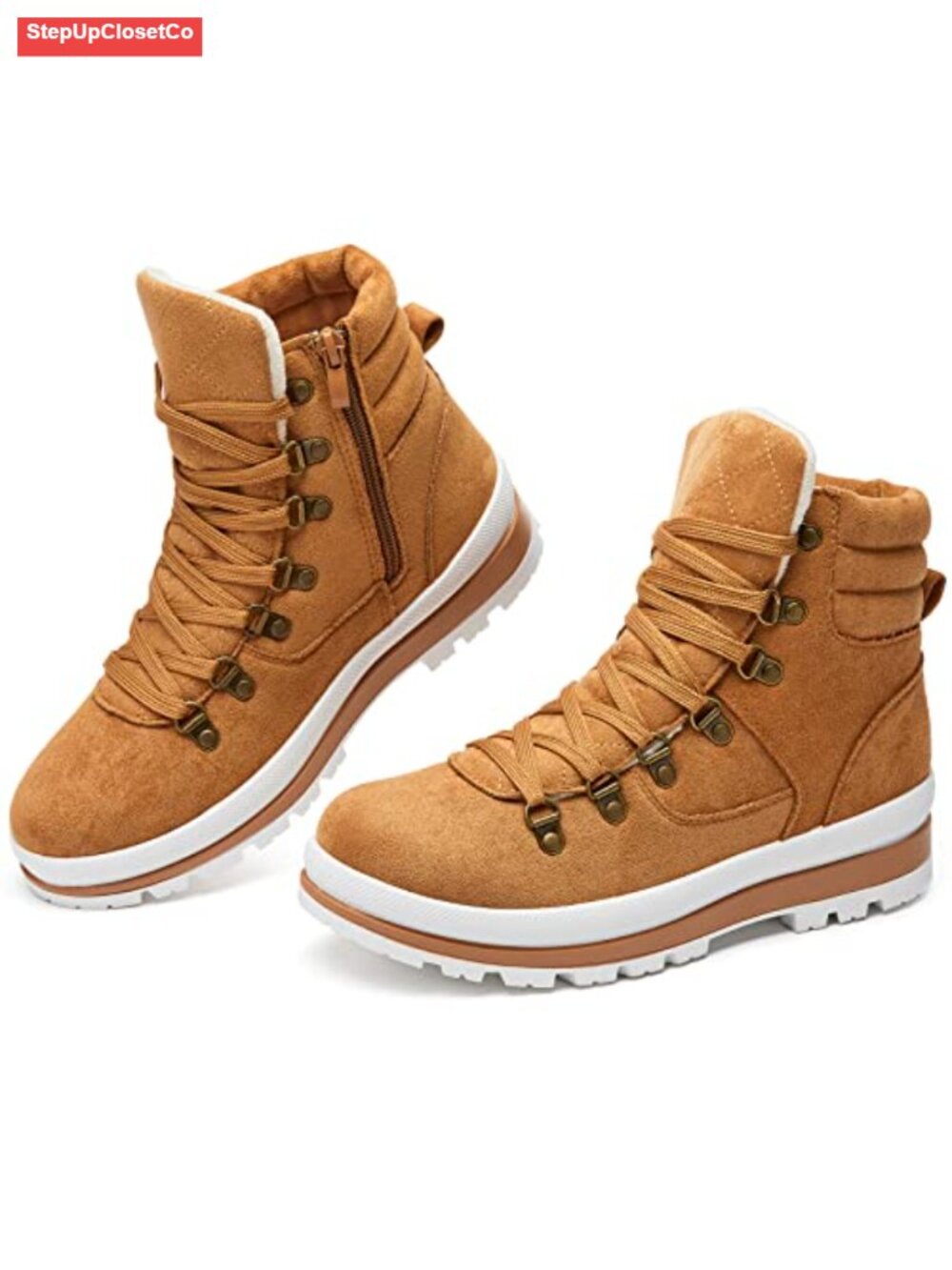 Lace-Up Combat Boots with Zipper, Fluffy Lining, Slip-Resistant Sole